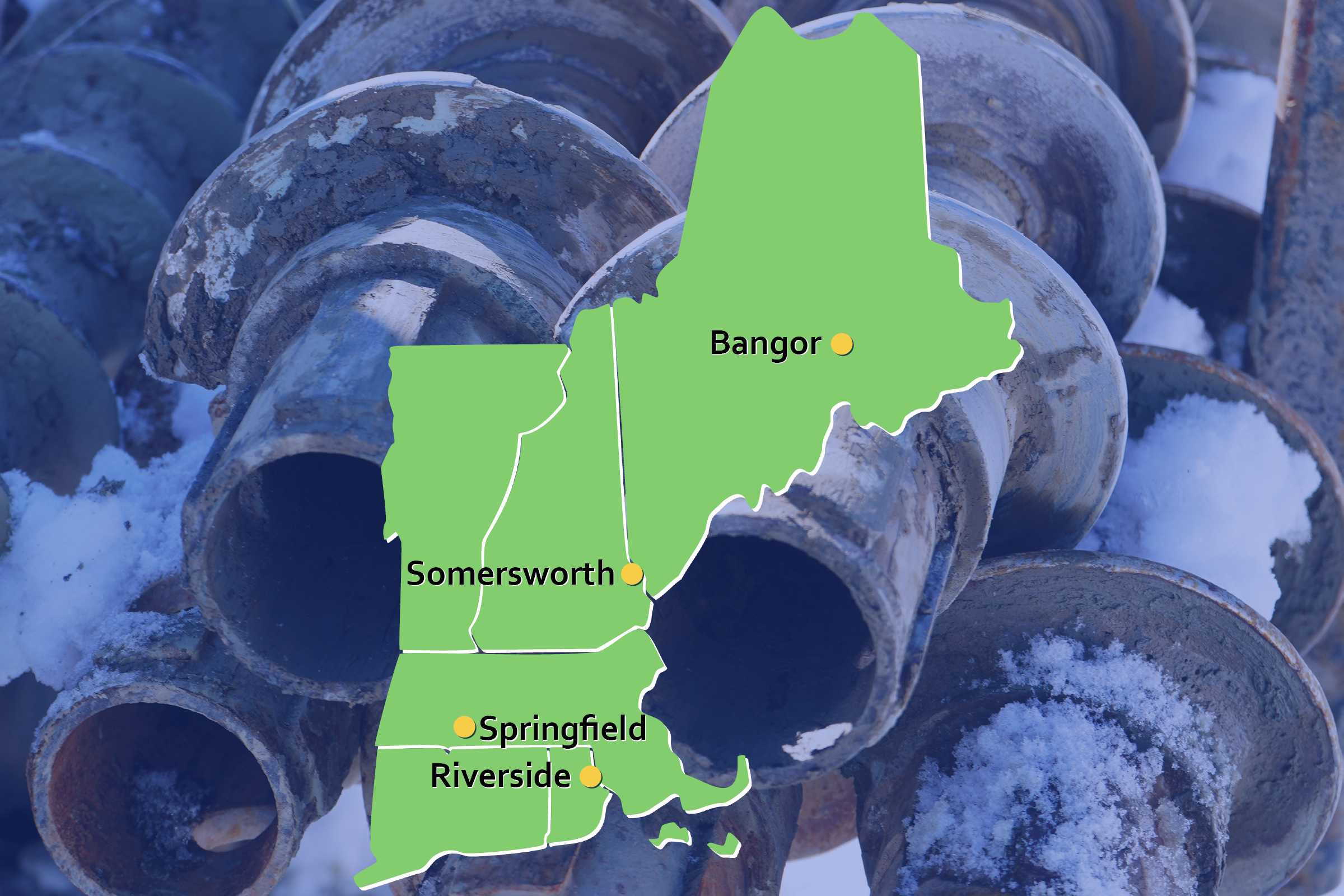 Map of New England with markers for 4 Seaboard Drilling office locations: Riverside, Springfield, Somersworth and Bangor. Background photo shows drilling equipment.