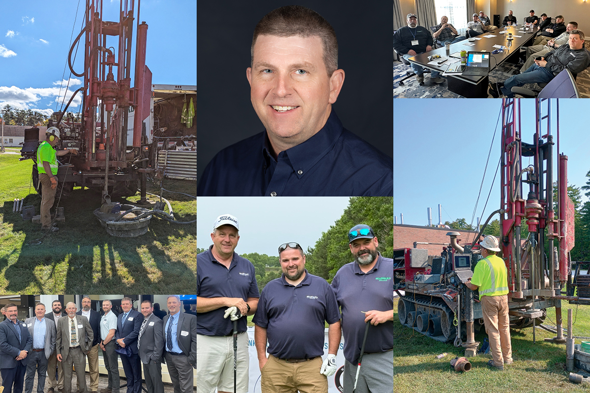 Collage of photos showing Kevin Hanscom’s promotion: includes a professional portrait, images of Kevin working on drilling equipment, collaborating in meetings, attending a business event, and enjoying a golf outing with colleagues.