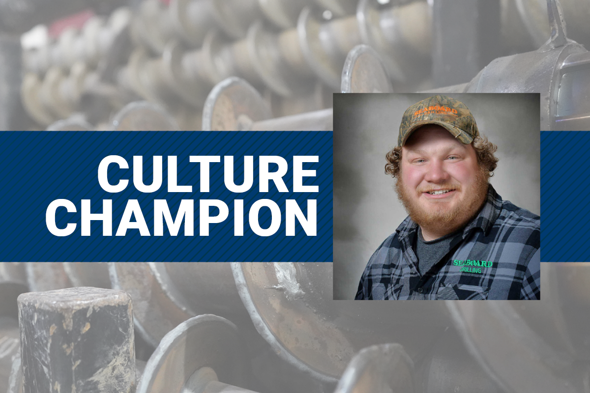 The text Culture Champion and a photo of Jarrett Sudyka with augers in the background.